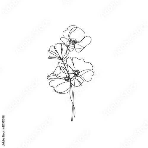 Flower One Line Drawing. Continuous Line of Simple Flower Illustration. Abstract Contemporary Botanical Design Template for Minimalist Covers, t-Shirt Print, Postcard, Banner etc. Vector EPS 10.