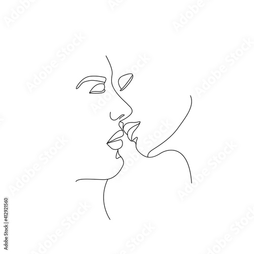 Couple Kiss One Line Drawing. Couple Creative Contemporary Abstract Line Drawing. Beauty Fashion Peoples. Vector Minimalist Design for Wall Art, Print, Card, Poster. © Наталья Дьячкова