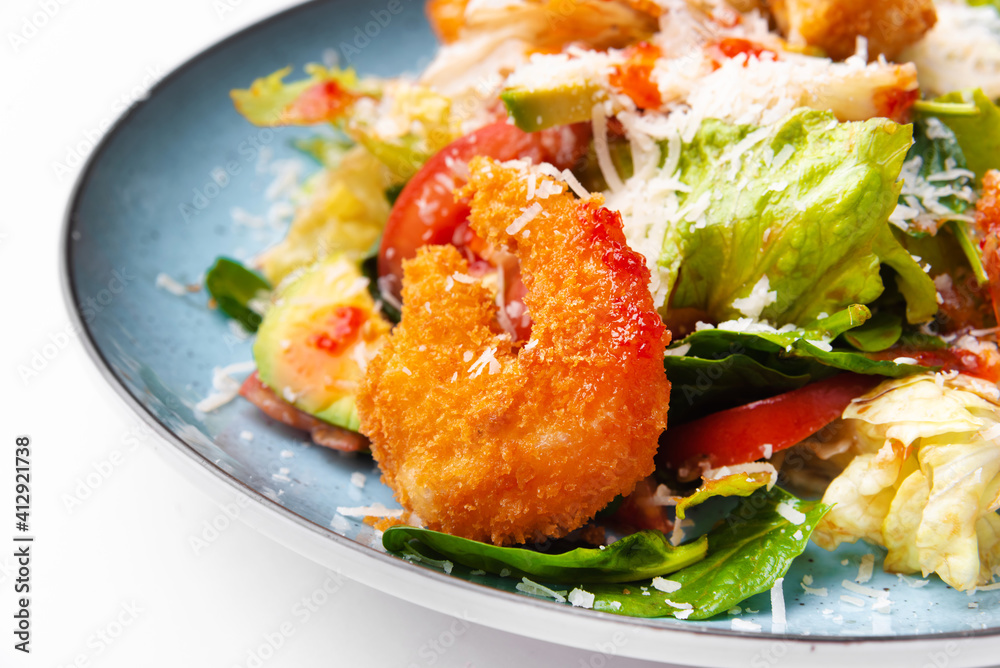 Macro photo of fresh tasty and delicious salad with crispy shrimps. Macro photo of fresh tasty and delicious salad with crispy shrimps.