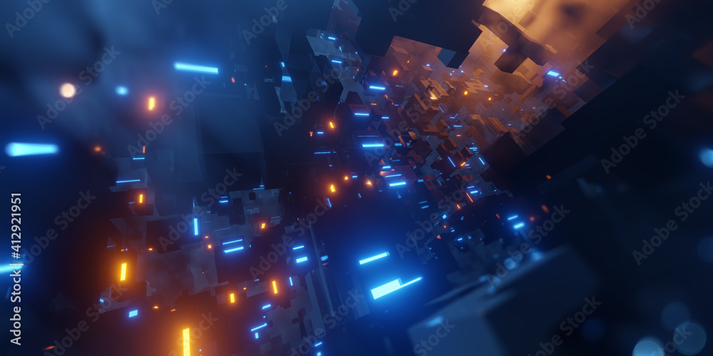 Fototapeta premium Flying in VR futuristic city. Sci-Fi scene with Orange and Blue lights. 3D render