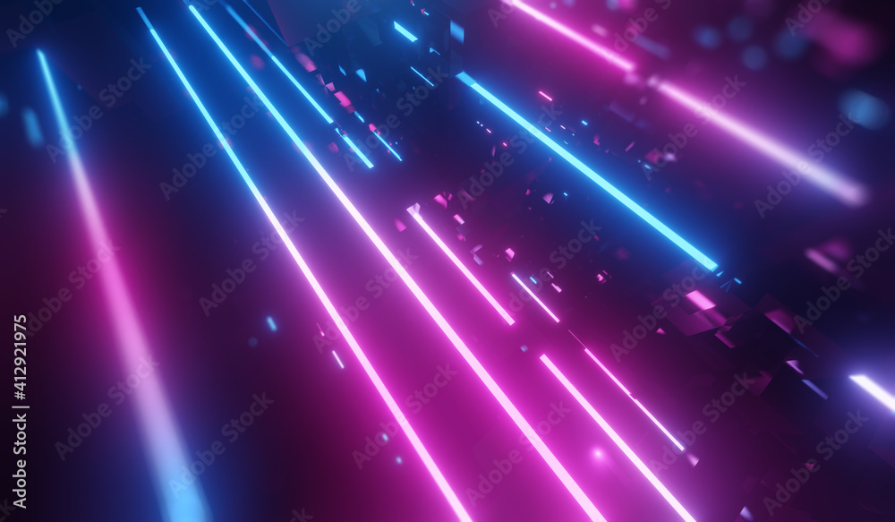 Neon City with Light Tech Digital effect. Futuristic technology abstract background with lines for network, big data, data center, server, internet, speed. 3D render