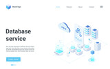 Database cloud service isometric vector illustration. Cartoon 3d internet service for exchange of information data files between mobile phone and cloud storage, database of servers landing page