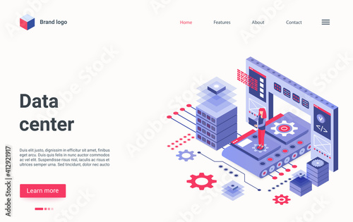 Data center technology isometric vector illustration. Cartoon 3d engineer admin character working with big workstation hardware equipment, database storage system, tech infrastructure landing page