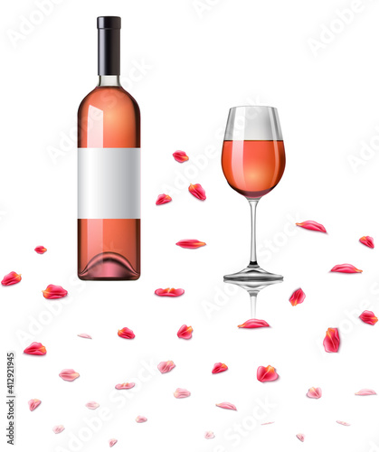 Rose Wine bottle and glass Vector realistic. Product placement mock ups
