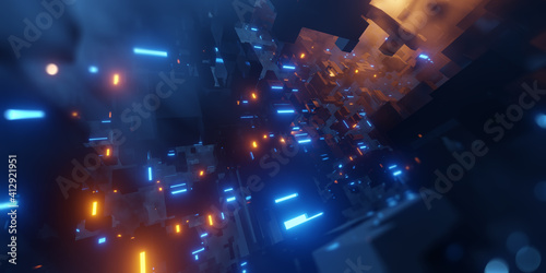 Flying in VR futuristic city. Sci-Fi scene with Orange and Blue lights. 3D render © Quardia Inc.