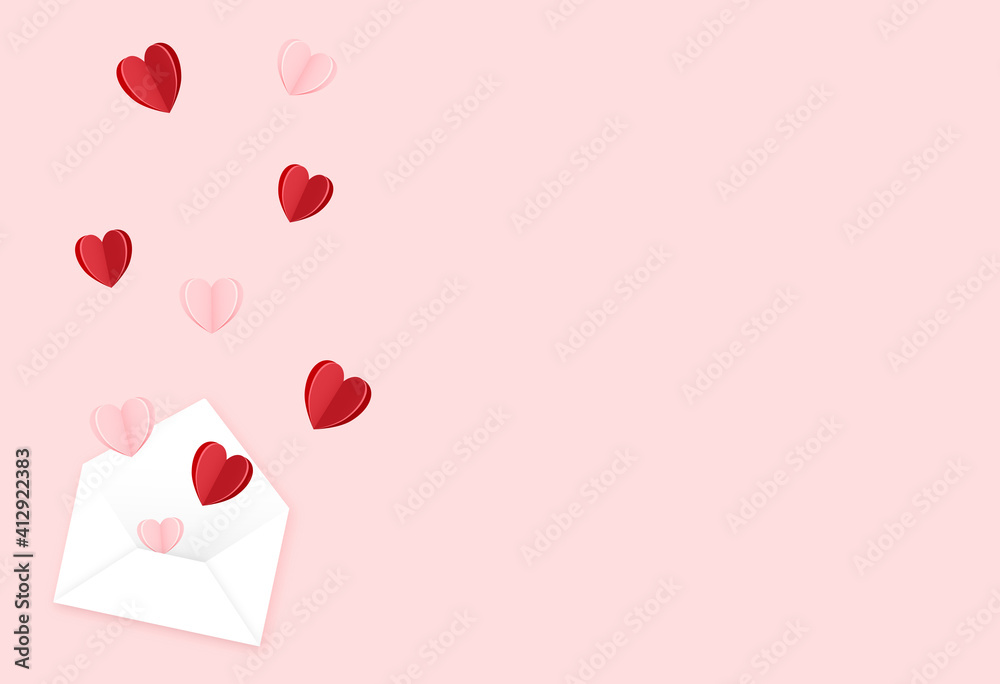 Valentines day banner, open envelope with.heart on pink background.