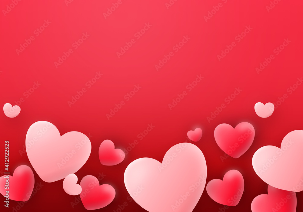Valentines day 3d balloons hearts on red love romantic cut banner background. Vector illustration