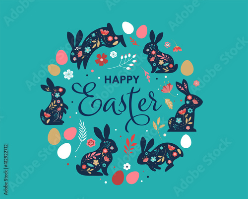 Happy Easter, decorated easter card, banner. Bunnies, Easter eggs, flowers and basket. Folk style patterned design. 