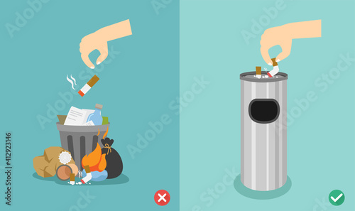 Do not throw cigarette butts on the floor,wrong and right.vector illustration