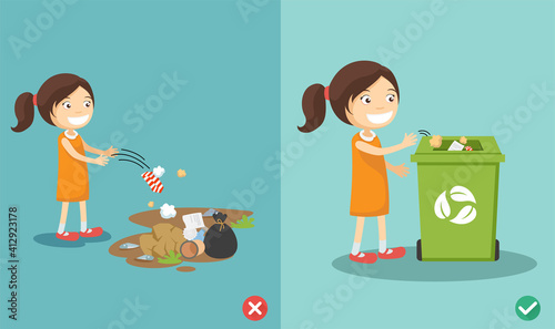 Do not throw littering on the floor,wrong and right.vector illustration
