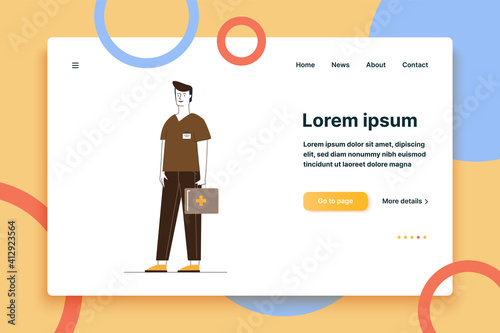 Paramedic with first aid kit. Male character in medical uniform flat vector illustration. Emergency, doctor visiting patient concept for banner, website design or landing web page