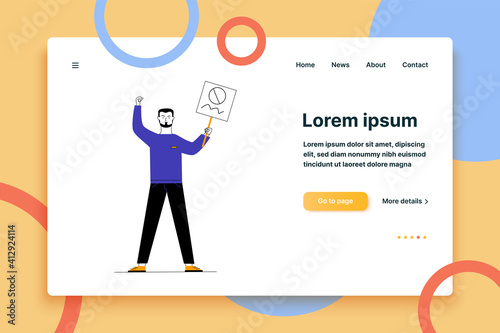 Man showing placard. Protest activist holding poster and making threaten gesture flat vector illustration. Resistance, riot, fight concept for banner, website design or landing web page