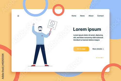 Man showing placard. Protest activist holding poster and making threaten gesture flat vector illustration. Resistance, riot, fight concept for banner, website design or landing web page