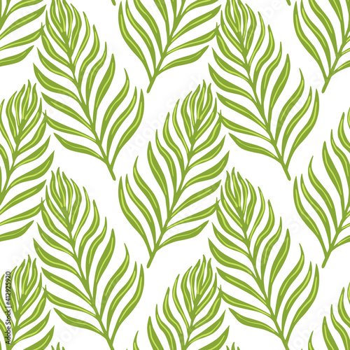 Isolated simple style seamless botany pattern with fern silhouettes ornament. White background. Green foliage.