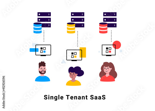 Vector business illustration of people and technology service, communication team work with data server