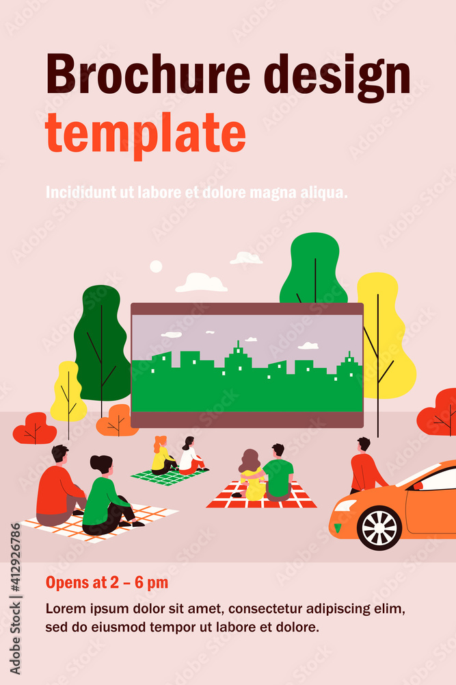 Fototapeta premium Outdoor cinema theater big screen. Friends and dating couples watching open air movie at night. Vector illustration for evening leisure, vacation, weekend concept