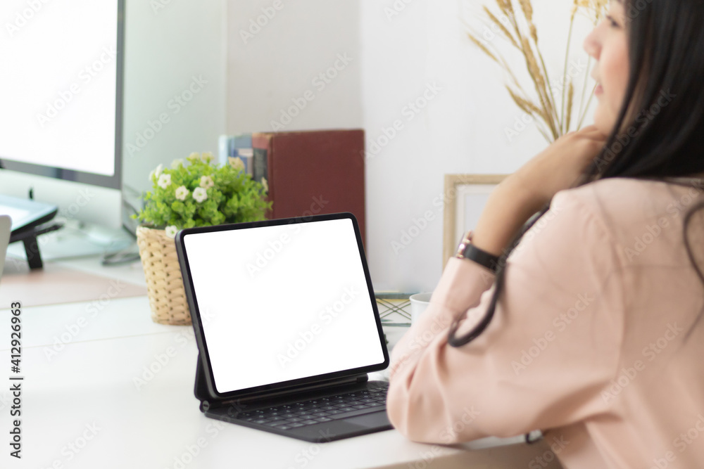 Fototapeta premium Digital tablet with white blank on screen.