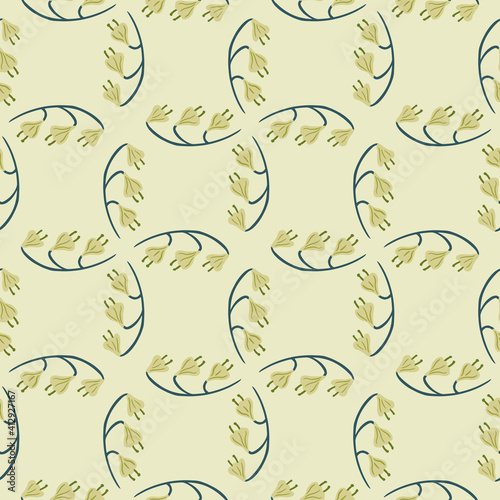Geometric seamless pattern with pastel green bell flower shapes. Pastel background. Decorative print.