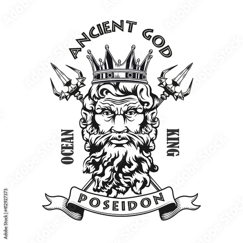 Poseidon head emblem design. Monochrome element with god of sea in crown, tridents in circles vector illustration with text. Sailing or Greek mythology concept for symbols and labels templates