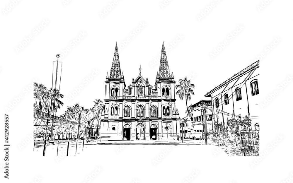 Building view with landmark of South India is the
region in India. Hand drawn sketch illustration in vector.