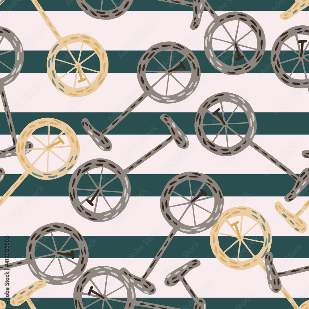 Random seamless pattern with doodle bicycle ornament, Striped grey and turquoise background.
