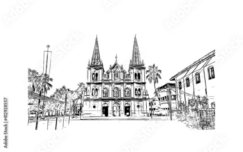 Obraz na płótnie Building view with landmark of South India is the
region in India. Hand drawn sketch illustration in vector. w salonie