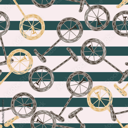 Random seamless pattern with doodle bicycle ornament, Striped grey and turquoise background.