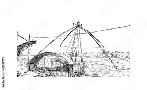Building view with landmark of South India is the
region in India. Hand drawn sketch illustration in vector.
