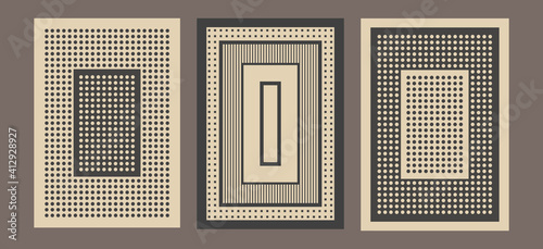 Minimal vintage 20s geometric design poster set, vector template with circles pattern, modern hipster style. Wall decoration. Art print, cover. Scandinavian, nordic art. Retro design. Background.