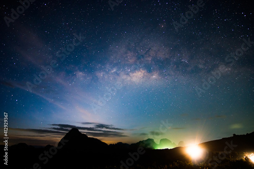Amazing night sky. Scene of Night Starry Sky With Glowing Stars. Bright Glow Of Planets Saturn and Jupiter In Sky Among The Milky Way Galaxy Stars. Dark Sky and star. 