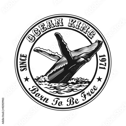 Vintage round emblem with whale in ocean. Engraving design elements with whale swimming in seawater and text. Nature or wildlife concept for travel agency stamp, label, sign template