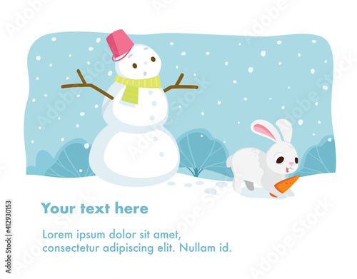 Bunny rabbit steals carrot nose from Christmas snowman and runs away.Puzzled snowman with bucket hat,scarf in trouble raising his hands up.Merry christmas, happy new year greeting card with copy space