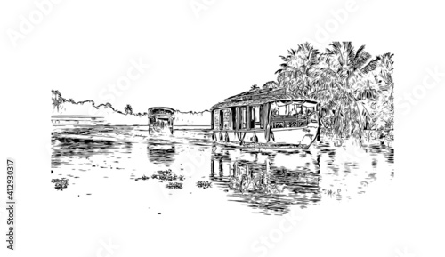 Building view with landmark of South India is the
region in India. Hand drawn sketch illustration in vector.