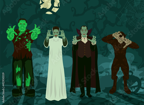 monster set Halloween theme background Frankenstein, Dracula, Bride, Werewolf trees, roots, pumpkins, fog and a full moon (set 1/2)