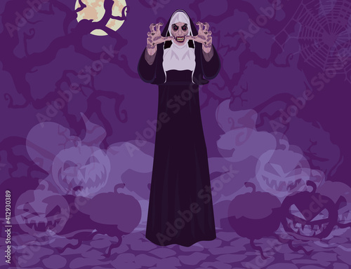 Nun Halloween thematic abstract background, old lady possessed by the devil monster full moon, creepy tree branches with pumpkins and fog on a brick stone road