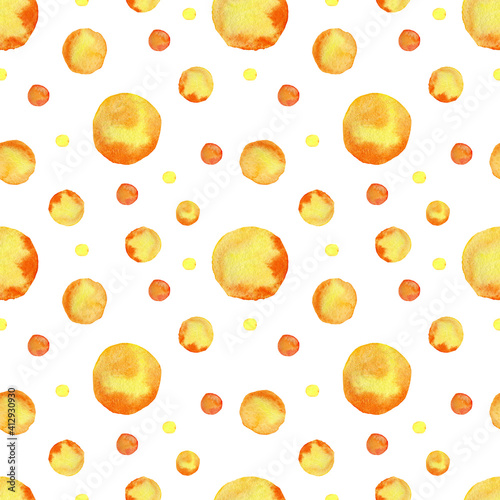 Abstract patterns, yellow round elements and dots. Seamless pattern with hand draen watercolor illustration. Round shapes for design background, template, cover, wallpaper, packaging, wrapper. photo