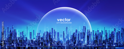 Urban vector cityscape at night. Skyline city silhouettes. City background with architecture, skyscrapers, megapolis, buildings, downtown.