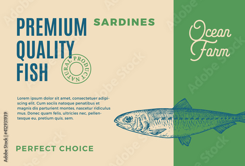 Premium Quality Sardines. Abstract Vector Food Packaging Design or Label. Modern Typography and Hand Drawn Fish Sketch Silhouette Background Layout
