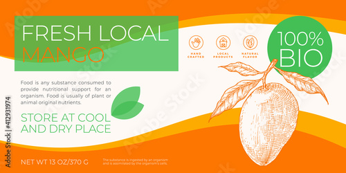 Fresh Local Fruits Label Template. Abstract Vector Packaging Horizontal Design Layout. Modern Typography Banner with Hand Drawn Mango with Leaves Sketch Silhouette Background. Isolated