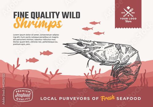 Fine Quality Organic Seafood. Abstract Vector Food Packaging Design or Label. Modern Typography and Hand Drawn Shrimp and Fishes Silhouettes. Sea Bottom Landscape Background Layout with Banner
