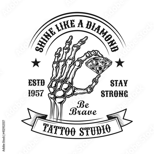 Diamond tattoo design. Monochrome element with skeleton hand holding brilliant vector illustration with text. Jewelry or reward concept for symbols and labels templates
