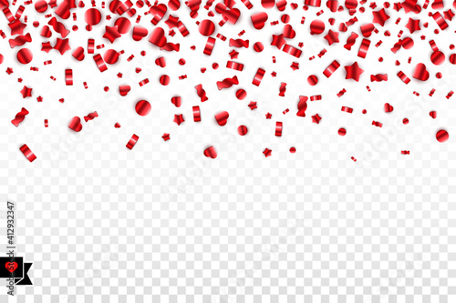 Brigyt red candy confetti flying on transparent background and badge with heart. Festive vector seamless border on horizontal. Layered