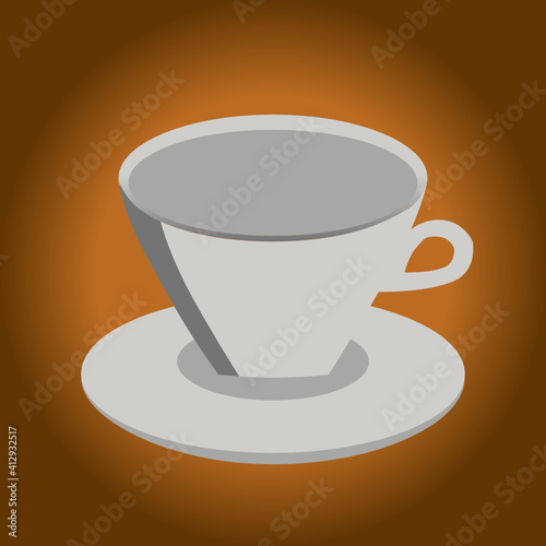 Kaffeetasse und Untertasse in Grautönen vor braunem radialen Hintergrund mit Farbverlauf