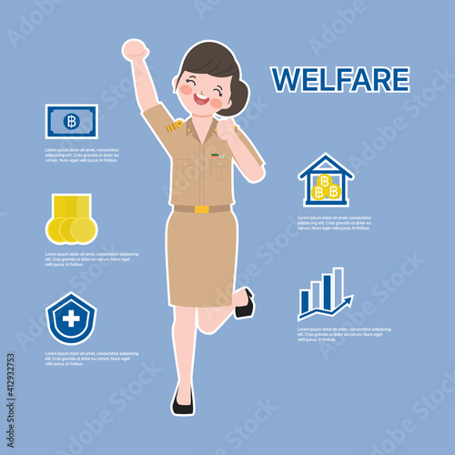 Thai government welfare benefits. Infographic siam bangkok thai teacher character.	