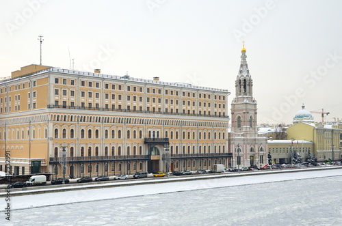 Winter view of the Sofia embankment and the Church of St. Sophia the Wisdom of God with a bell tower. Moscow, Russia