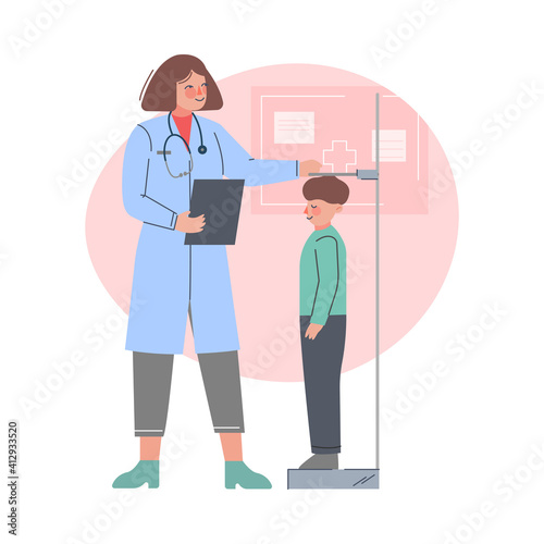 Pediatrician Doctor Examining Boy Doing Health Medical Check Up, Health and Medical Treatment for Children Cartoon Vector Illustration
