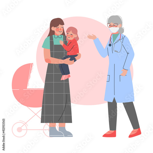 Mom and her Baby Visiting Doctor, Pediatrician Consulting Little Patient in Medical Clinic, Health and Medical Treatment for Children Cartoon Vector Illustration