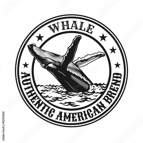 Creative American brand with huge whale. Monochrome elements for web design with whale in ocean and text. Nature or wildlife concept for travel agency stamp, label, sign template