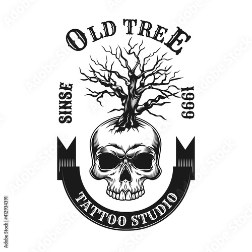 Old tree with skull shop label design. Monochrome element with leafless tree and dead head vector illustration with text. Tattoo studio concept for badges and emblems templates