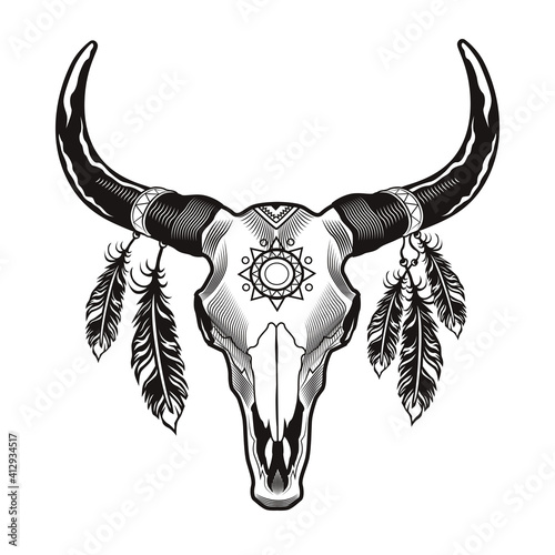 Dead bull head tattoo design. Monochrome element with horny animal skull and red Indian feathers vector illustration. Ethnic culture concept for symbols and labels templates